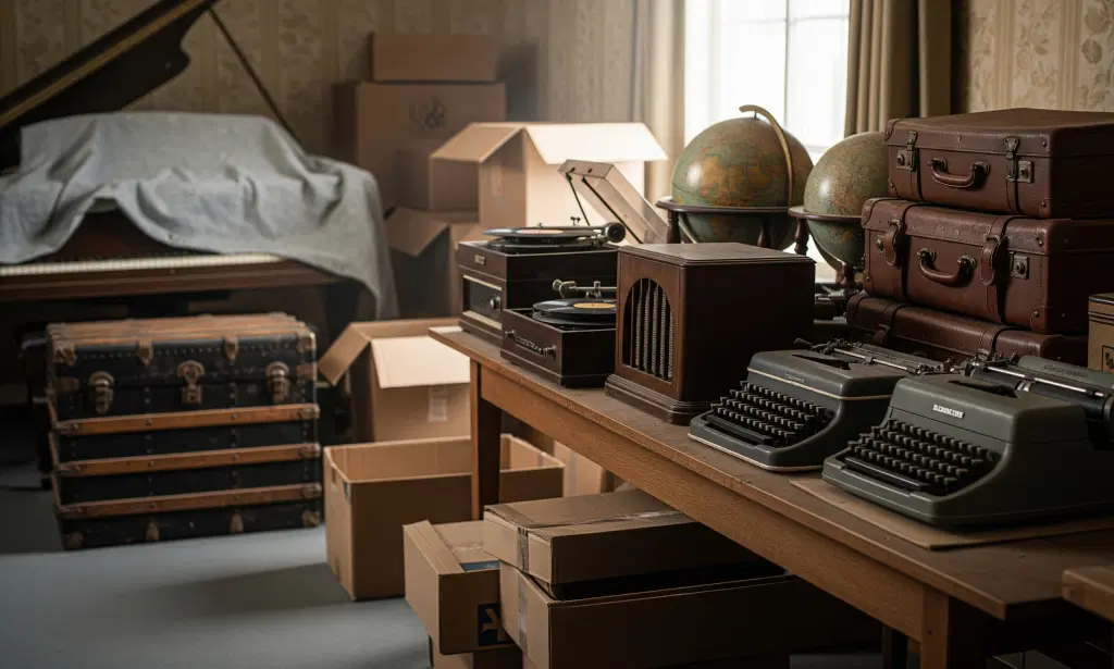 Typewriters, cases, and other miscellaneous items in dusty bedroom