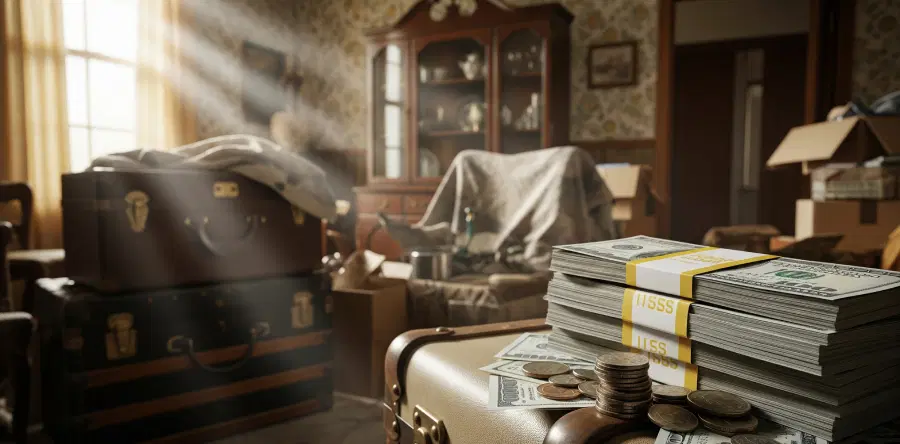 A stack of hundred dollar bills and coins on a steamer trunk in a dusty room